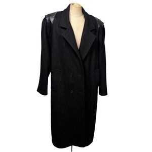 VTG Michelle Francois Black Wool Blazer Coat‎ L Double Breasted Leather Shoulder